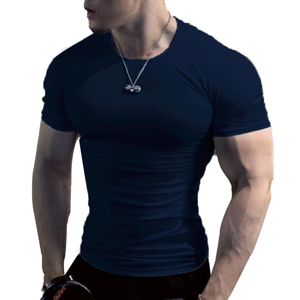 LAKER CC Heren slim fit T-shirt met ronde hals, spiertop, gym, effen blouse met korte mouwen XL marineblauwe kleur