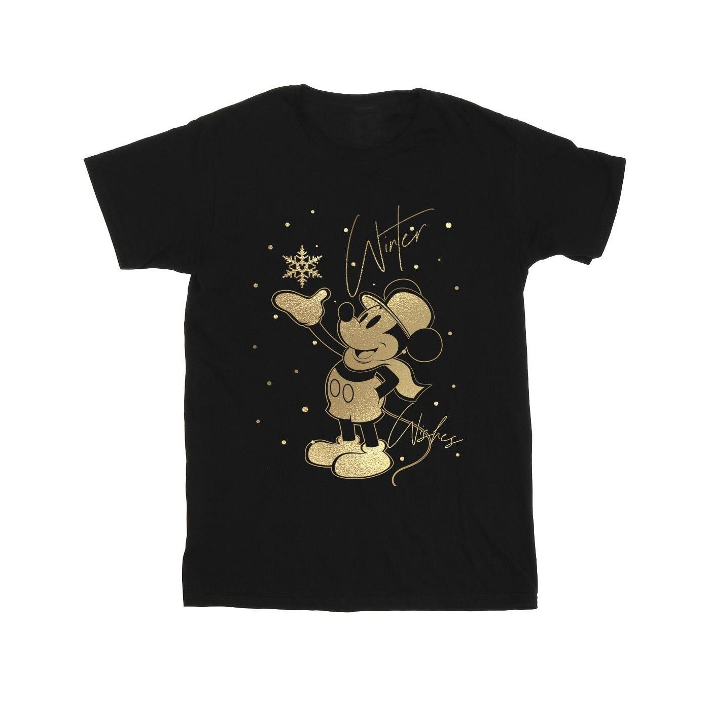Disney Mens Winter Wishes Mickey Mouse Cotton T-Shirt S zwart
