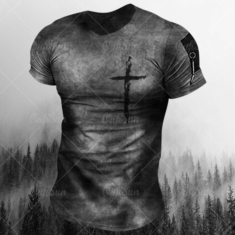 ETST WENDY 005 Vintage Jesus Cross Print T-shirts voor heren Zomer Polyester Ademend Ronde hals Losse korte mouw Grote maten Rock Street Tops M