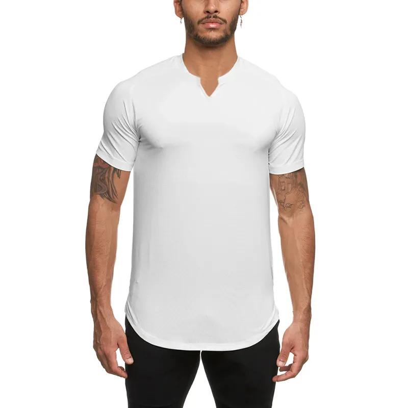 Muscleguys Heren Effen Kleur Sport Casual Oefening Ondershirt Traceless Cooling Sensation Slim Fit V-hals Korte Mouwen Tops XXL wit