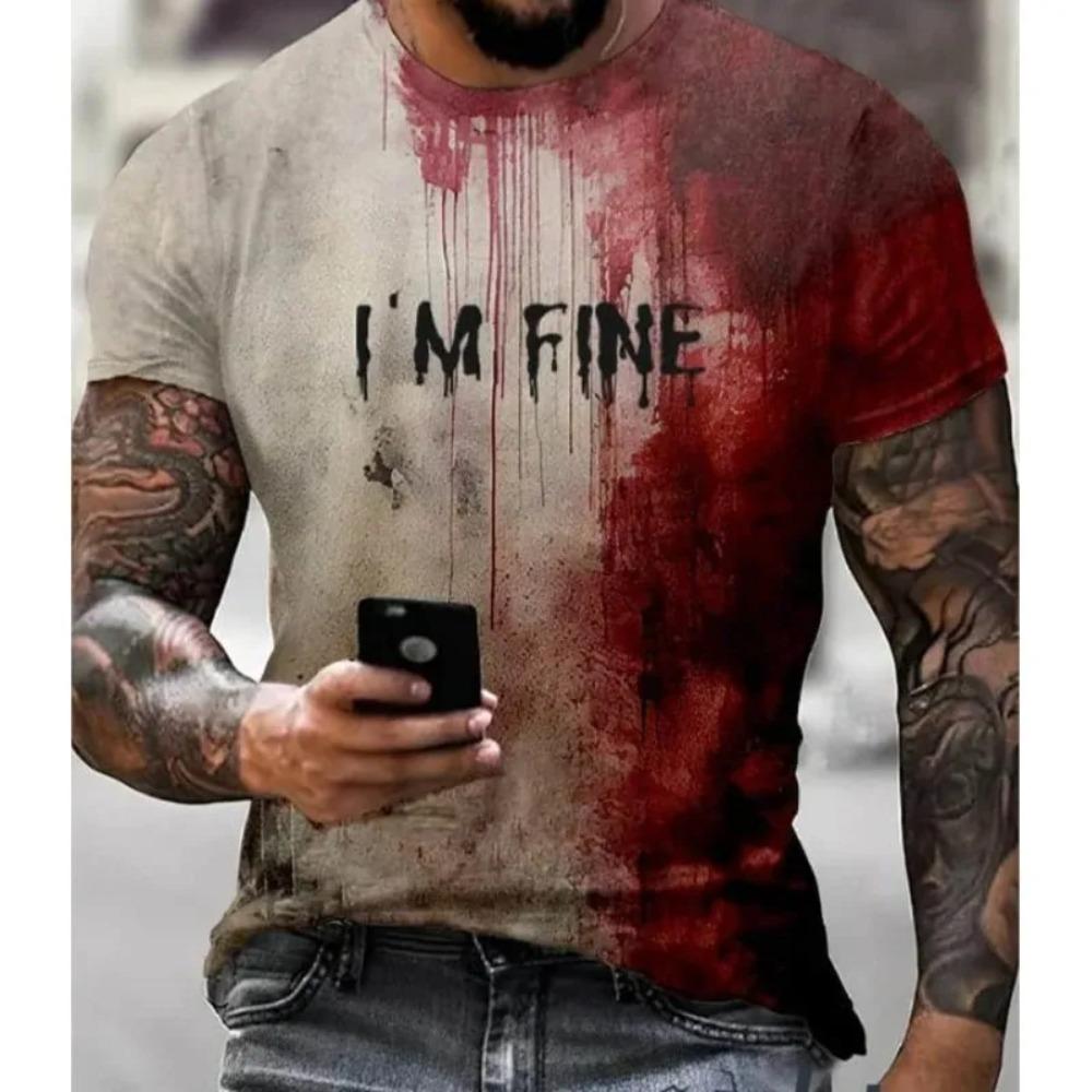 ETST42 2025 New Funny Men's Blood I'm Fine Halloween Print T-shirt Funny Blood Men's Fun Round Neck Casual Short Sleeve L