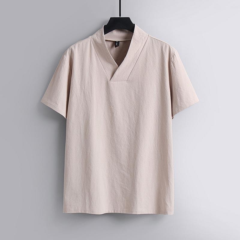 QGOOD Herenkleding Grote Maten T-shirts Linnen Chinese Stijl Zomer V-hals Grote Korte Mouw T-shirt Mannelijke Tee Tops Plus 8XL beige