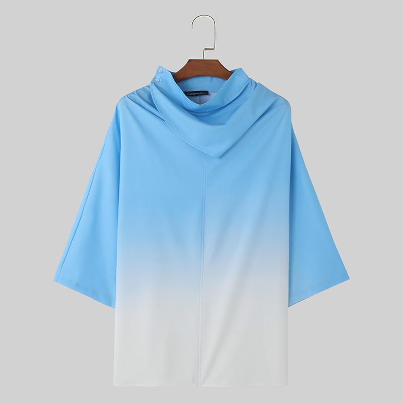 INCERUN Oversized Heren Turtleneck Half Sleeve T-shirts Lange Gradient Tops 2XL blauw