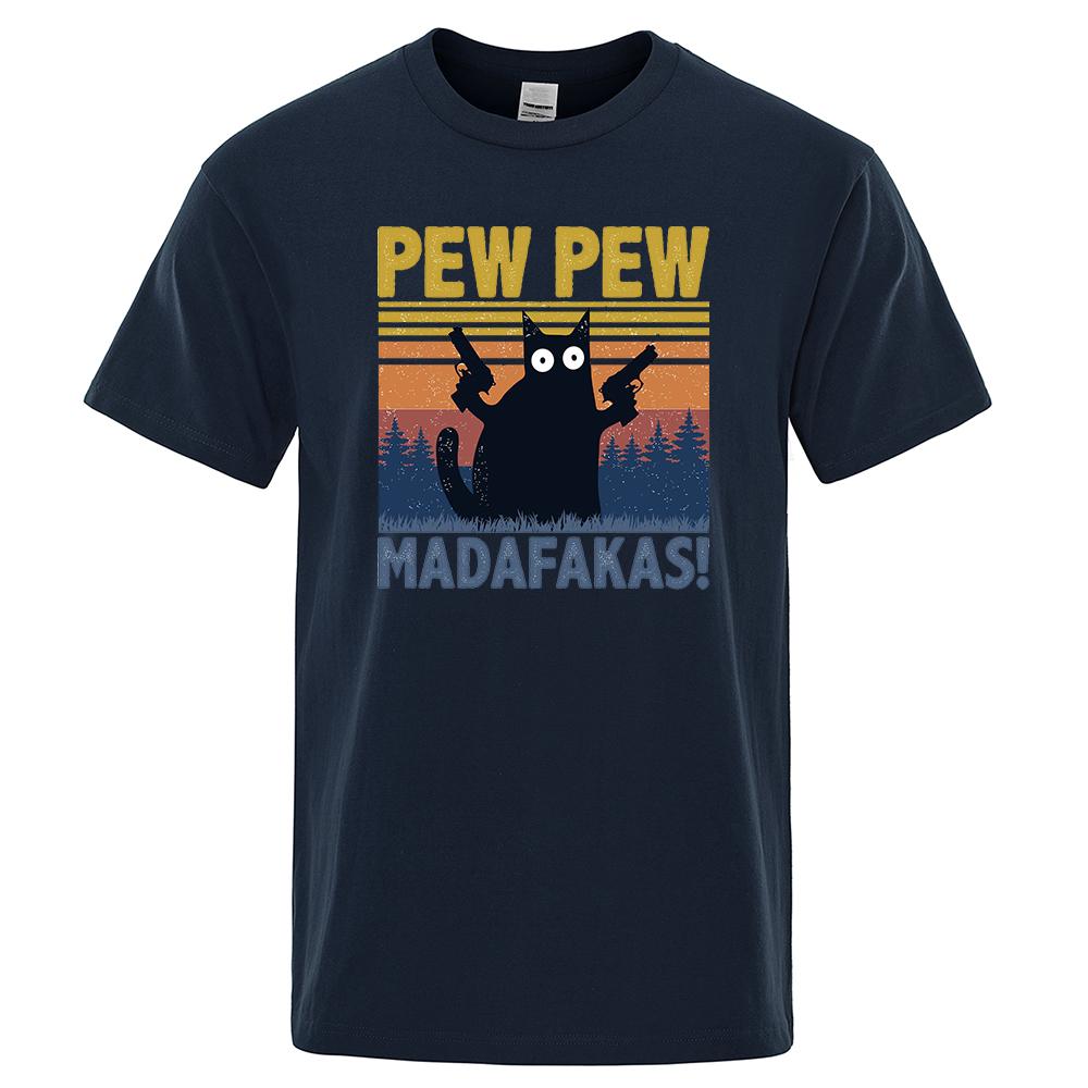 Limindong Pew Pew Madafakas T-shirt Heren Korte Mouw Nieuwigheid Grappige Kat T-shirt Katoen Oversize Tops Shirts Tee T-shirt Ronde Hals Streetwear S marineblauwe kleur