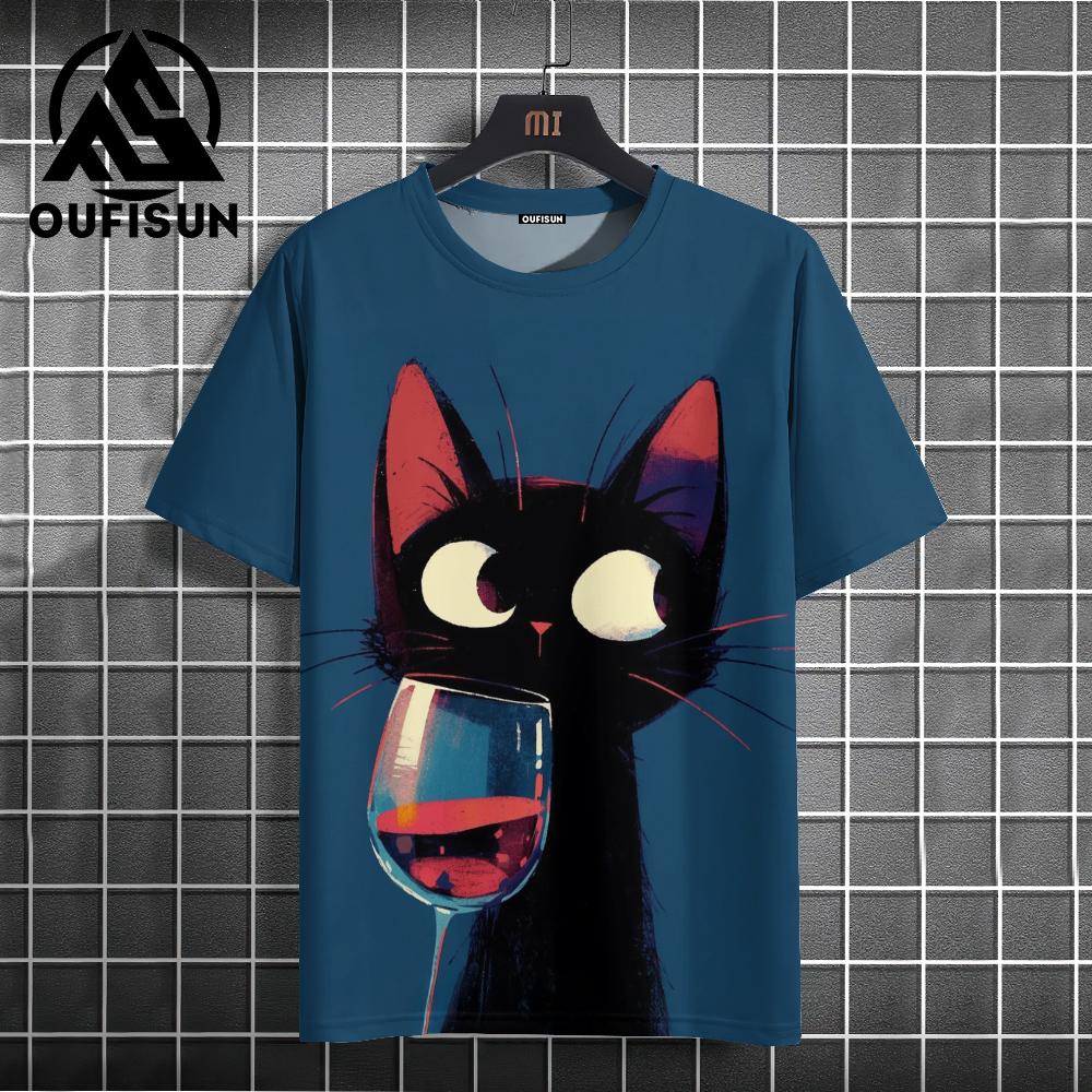 Xuhaijian02 Zomer Heren T-shirt Dier Schattige Kat Print Ronde Hals Korte Mouw Tee Street Trend Tops Oversized Herenkleding T-shirt Voor Heren S