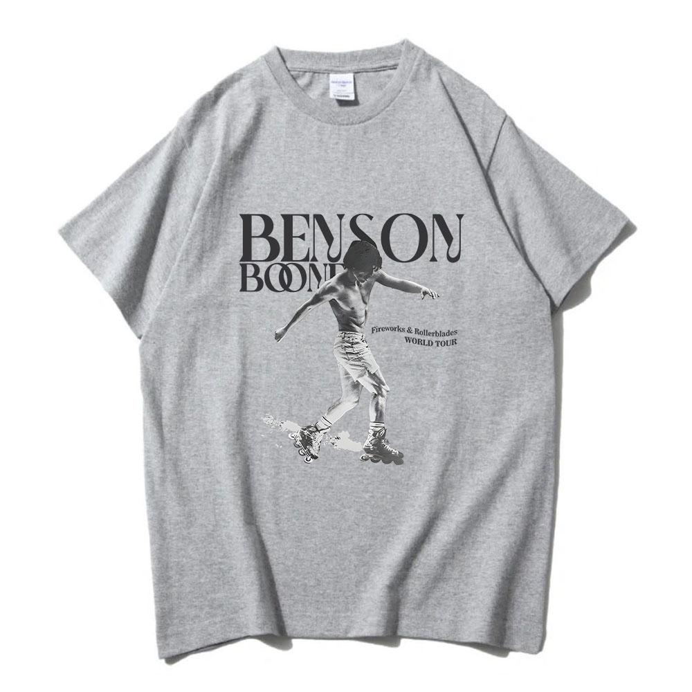 Planet clothing wholesale 2024 Tour Singer Benson Boone T-shirts Album Fireworks and Rollerblades Graphic Tees Summer Cotton Short Sleeve Tshirts Men Tees M grijze kleur