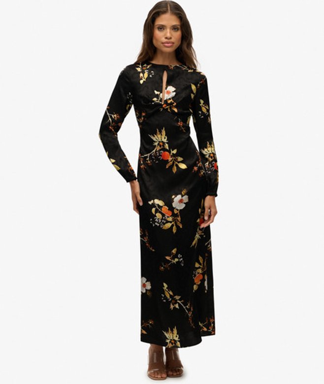 Superdry Lange Jacquard Maxi-jurk met Lange Mouwen Black