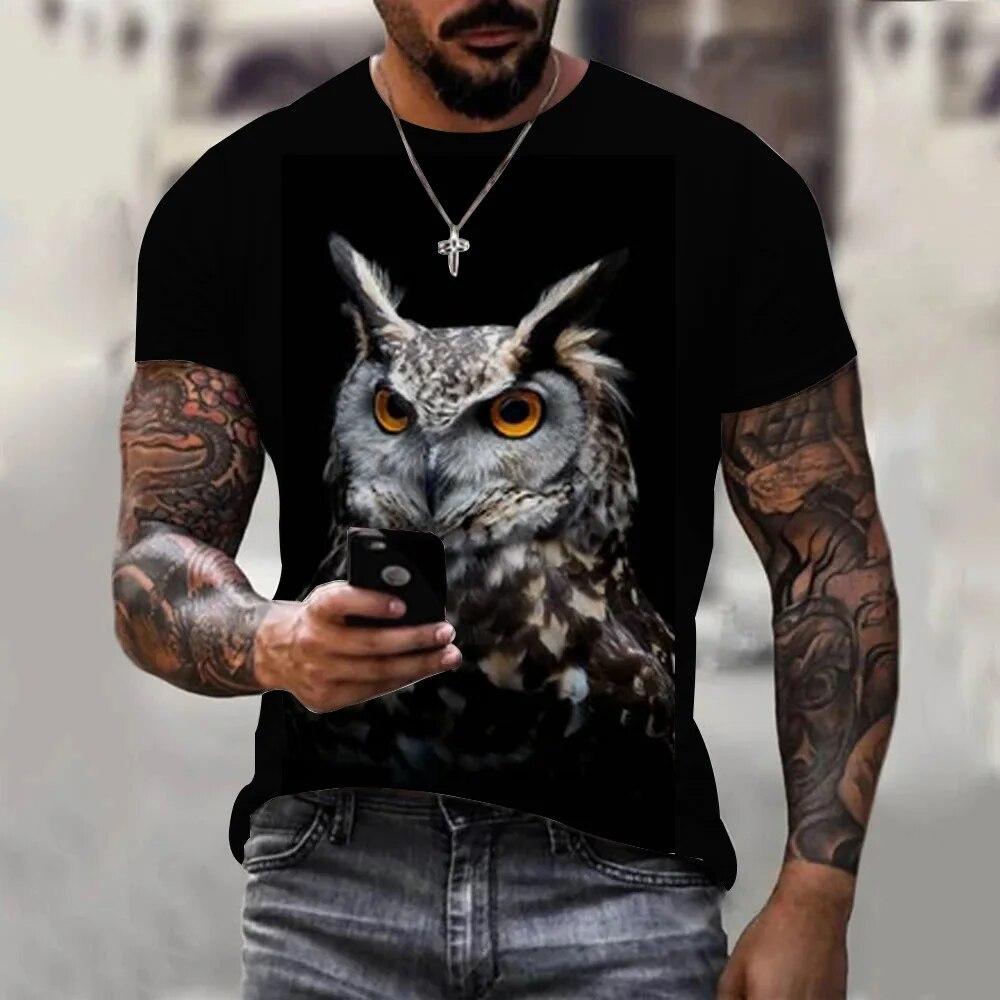 Kukebang Fashion Casual 3D Printing Heren Zomer Nieuwe Uil Animal Oversized T-shirt Vintage Top O Kraag T-shirt XL