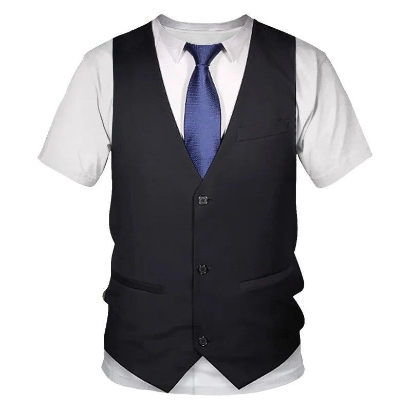 Kukebang Zomer Mode Persoonlijkheid Nep Pak Mannen T-shirts Hip Hop Trend Alternatieve Grappige Streetwear 3D Gedrukt O-hals Korte Mouw Tees 5XL