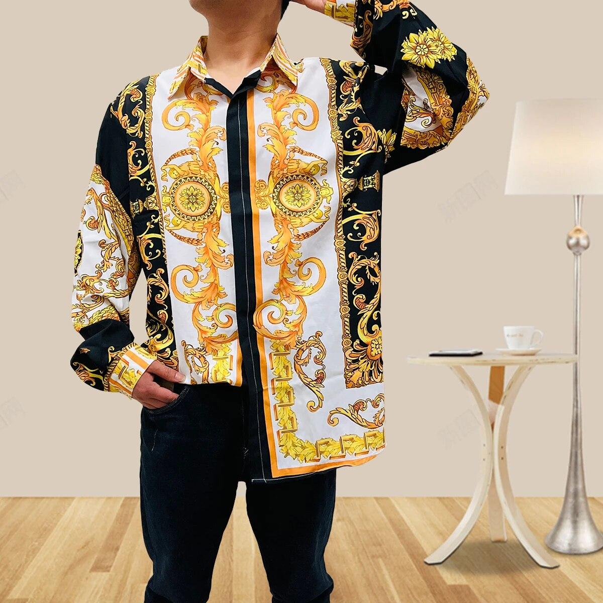 FEGKZLI Fashion Nieuwe mode herenoverhemden hipster lange mouwen fancy luxe design barokke bloemenprint bruiloft prom shirts XL