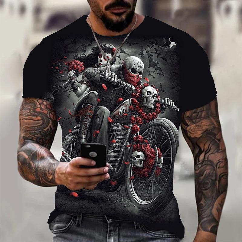 ETST 012 Zwarte Schedel T-shirt Mannen Punk Schedel T-shirt Rock Gun Blauw T-shirt 3D Gedrukt T-shirt Retro Gothic Herenkleding zomer Top 4XL