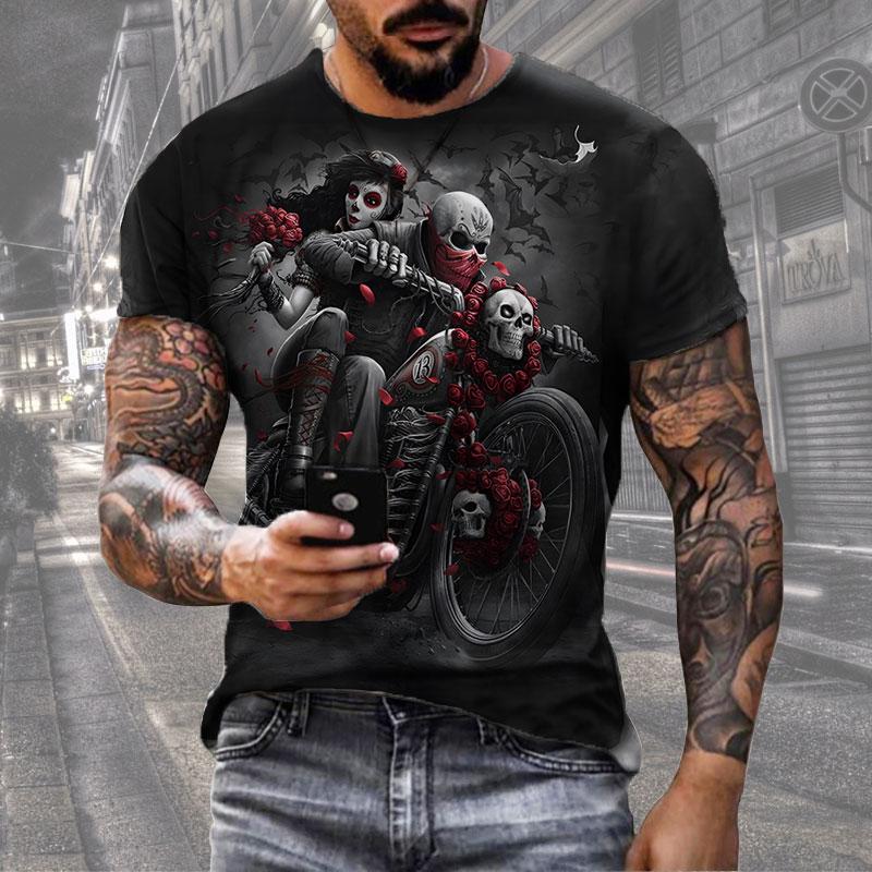 ETST 012 Zwarte Schedel T-shirt Mannen Punk Schedel T-shirt Rock Gun Blauw T-shirt 3D Gedrukt T-shirt Retro Gothic Herenkleding zomer Top 4XL
