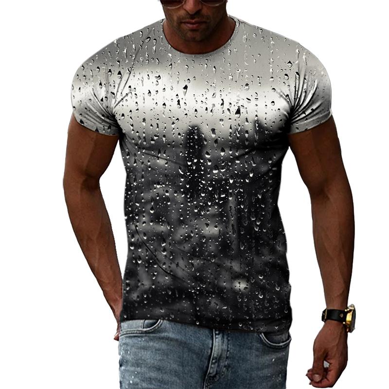 Kukebang Raindrop Creative Pattern Heren 3D Geprint T-shirt Mode Casual Persoonlijkheid Natuurlijk Landschap Crew Oversized Hals Korte Mouw Top XL