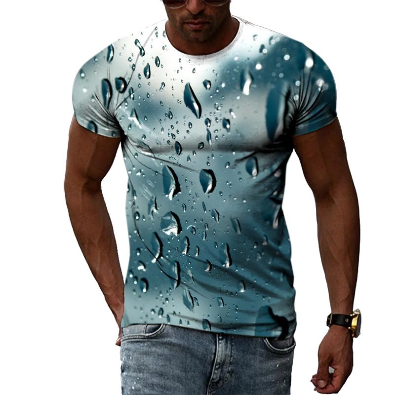 Kukebang Raindrop Creative Pattern Heren 3D Geprint T-shirt Mode Casual Persoonlijkheid Natuurlijk Landschap Crew Oversized Hals Korte Mouw Top 2XL