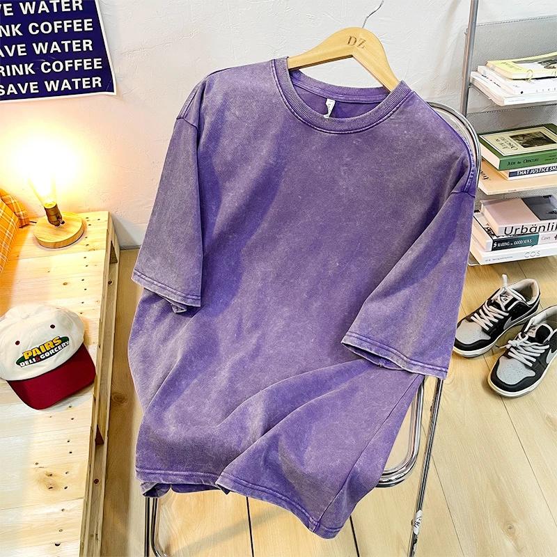 King Billion Katoenen gewassen heren T-shirts Vintage effen T-shirts Casual Harajuku Retro korte mouw top Losse basic ronde hals S paars