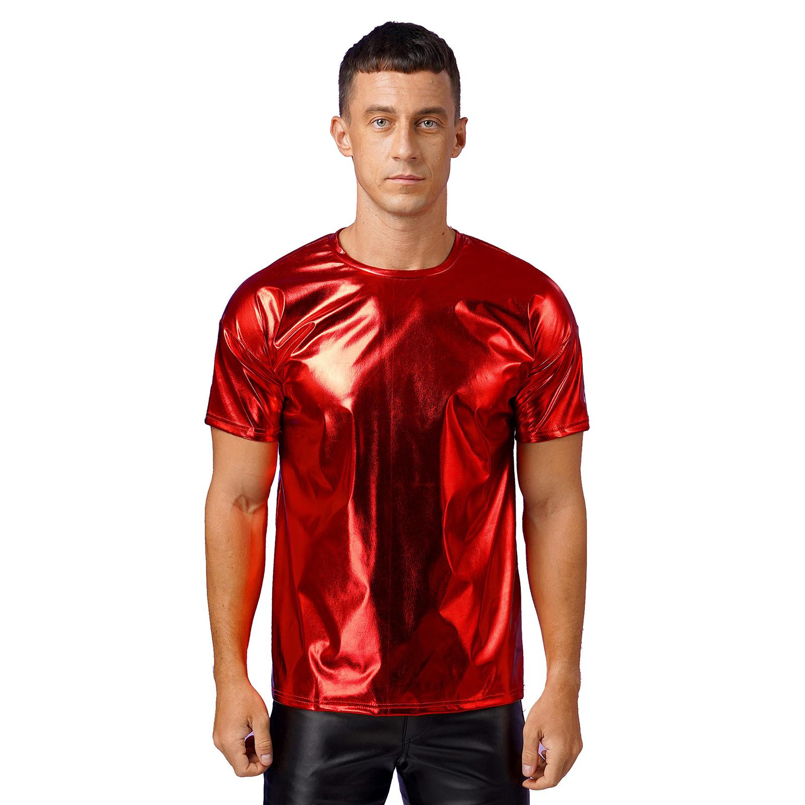 Yunduantong-Adult Mens Metallic Shiny Performance Top with Round Neck and Short Sleeves for Club Shows or Dance Parties S