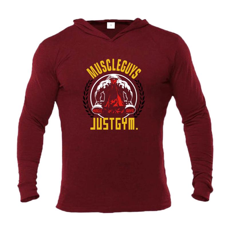 Muscleguys Heren Bodybuilding T-shirt met lange mouwen Man Mode Katoen Slim Fit T-shirt met capuchon Mannelijke Gym Fitness Workout Joggerkleding XXL wijnrode kleur