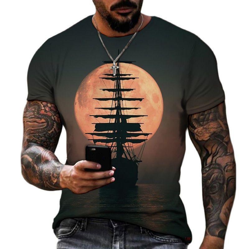 Kukebang Vintage mannen schip T-shirts 3D gedrukt piratenschip ronde hals korte mouw T-shirt voor mannen oversized tops tee shirt 2XL