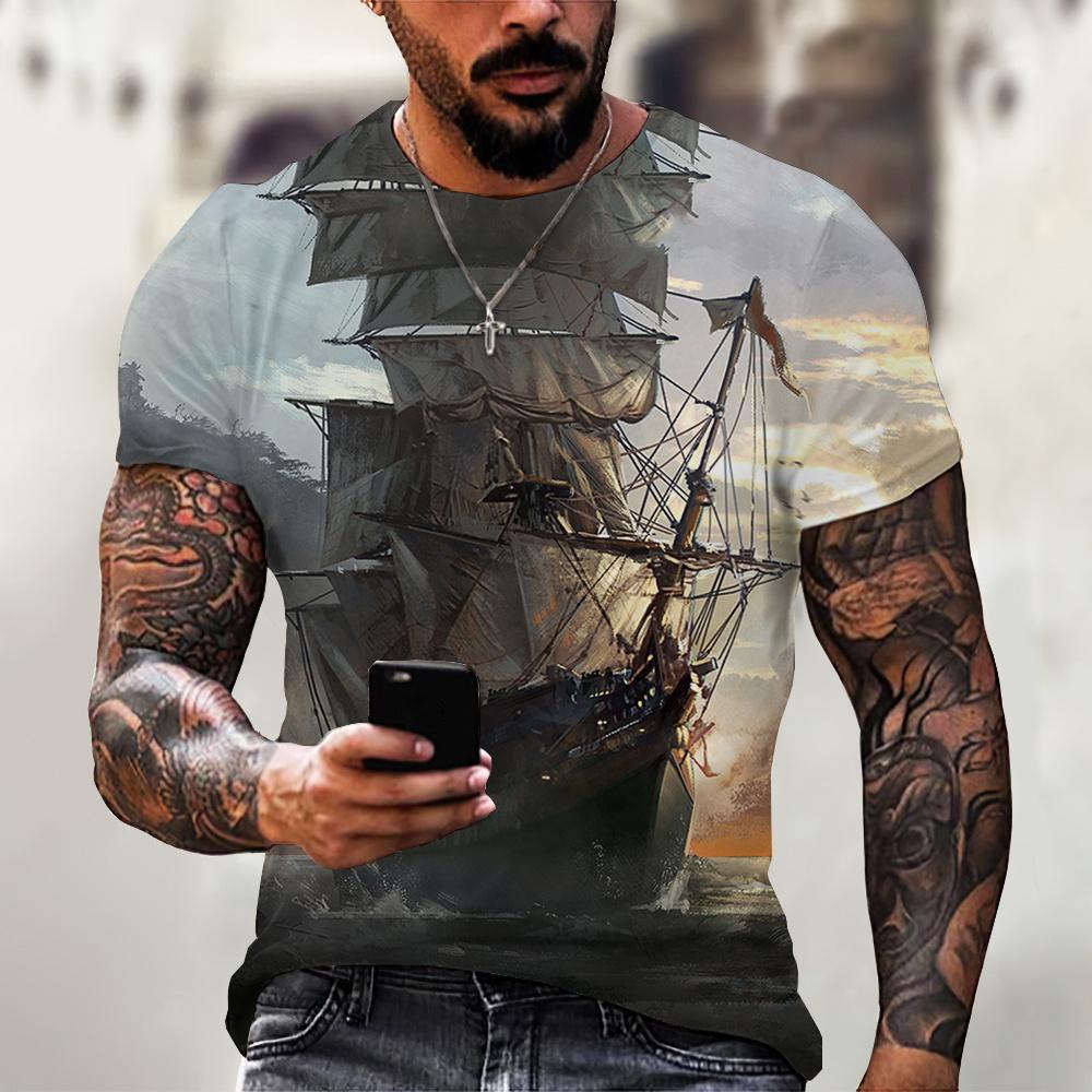 Kukebang Vintage mannen schip T-shirts 3D gedrukt piratenschip ronde hals korte mouw T-shirt voor mannen oversized tops tee shirt XL
