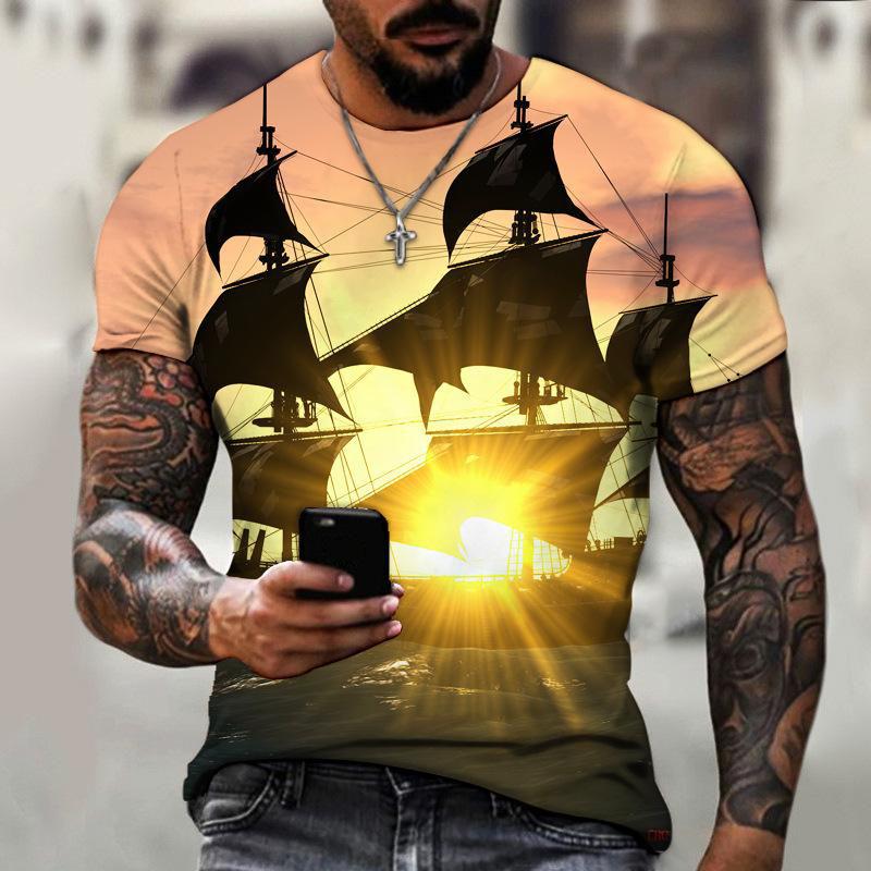 Kukebang Vintage mannen schip T-shirts 3D gedrukt piratenschip ronde hals korte mouw T-shirt voor mannen oversized tops tee shirt 3XL