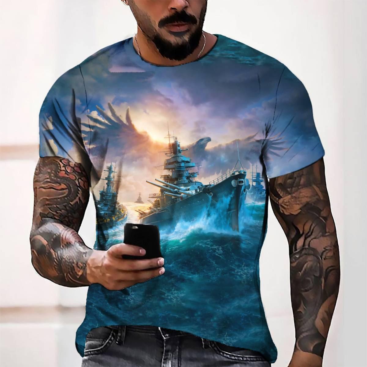 Kukebang Vintage mannen schip T-shirts 3D gedrukt piratenschip ronde hals korte mouw T-shirt voor mannen oversized tops tee shirt 6XL