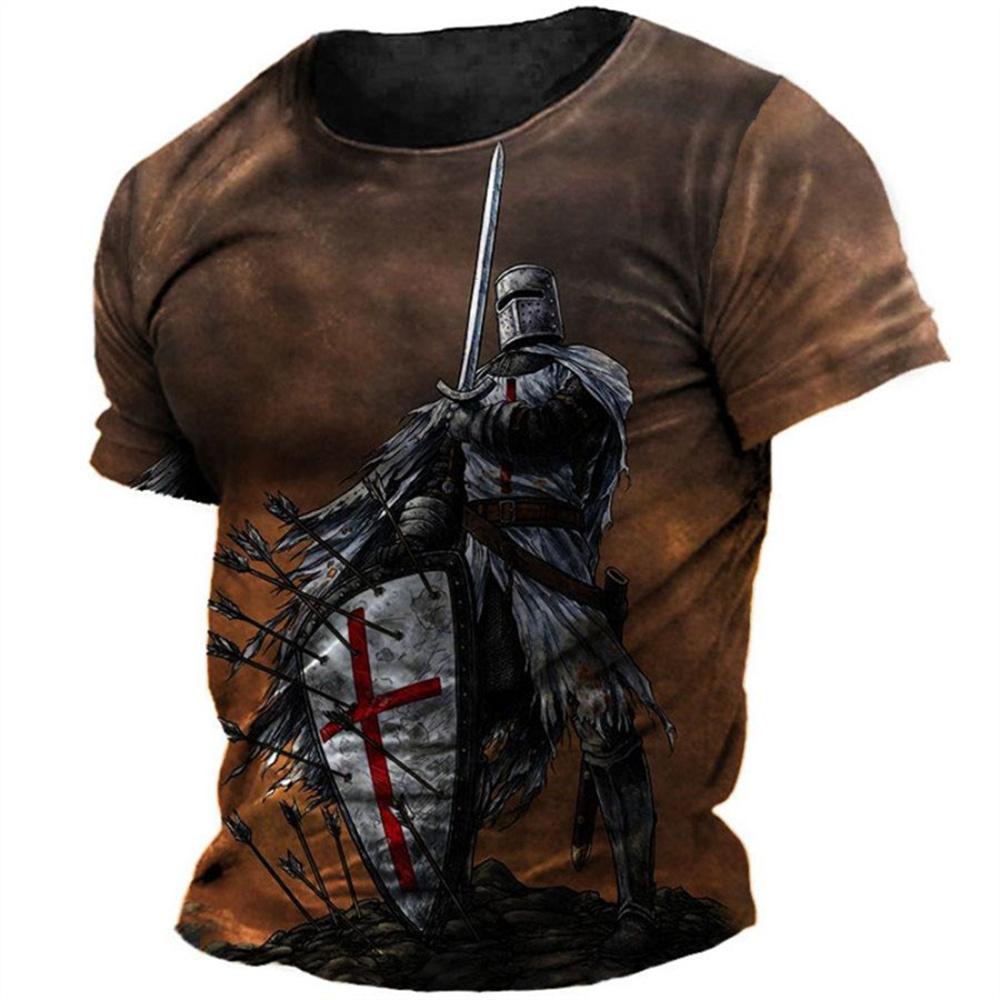 ETST WENDY Retro Tempeliers Print Heren T-shirts Zomer Losse Polyester Korte Mouw Mannelijke Tops Crusader Soldaat Kleding Kleding L