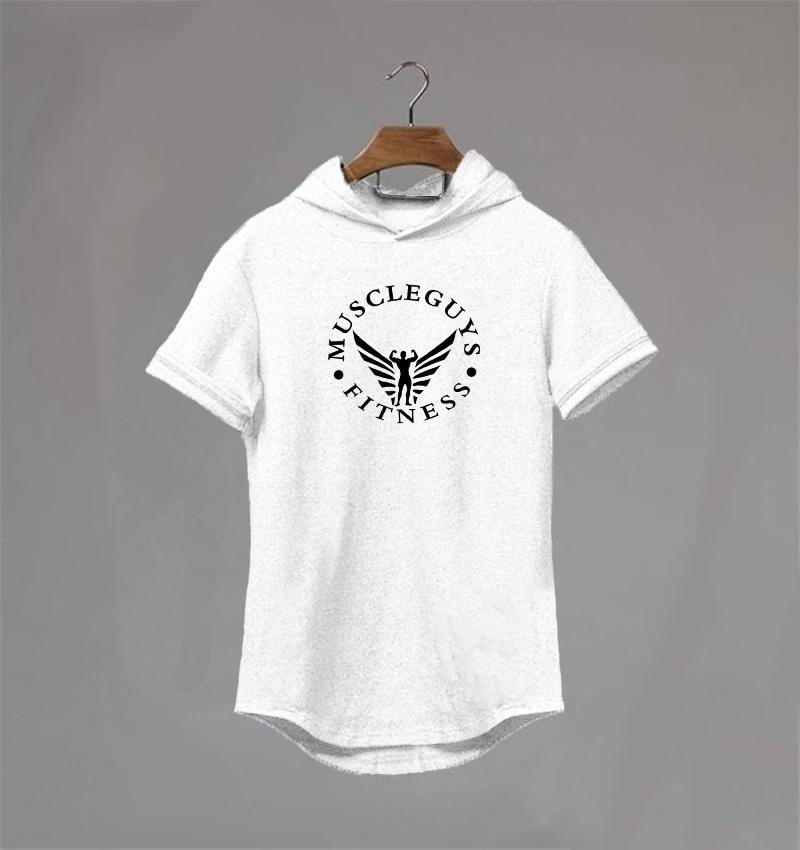 Muscleguys Sports Hooded T-shirt Zomer nieuw heren T-shirt met korte mouwen katoen trend Bodybuilding Fitness hooded half-sleeve trui XXL wit