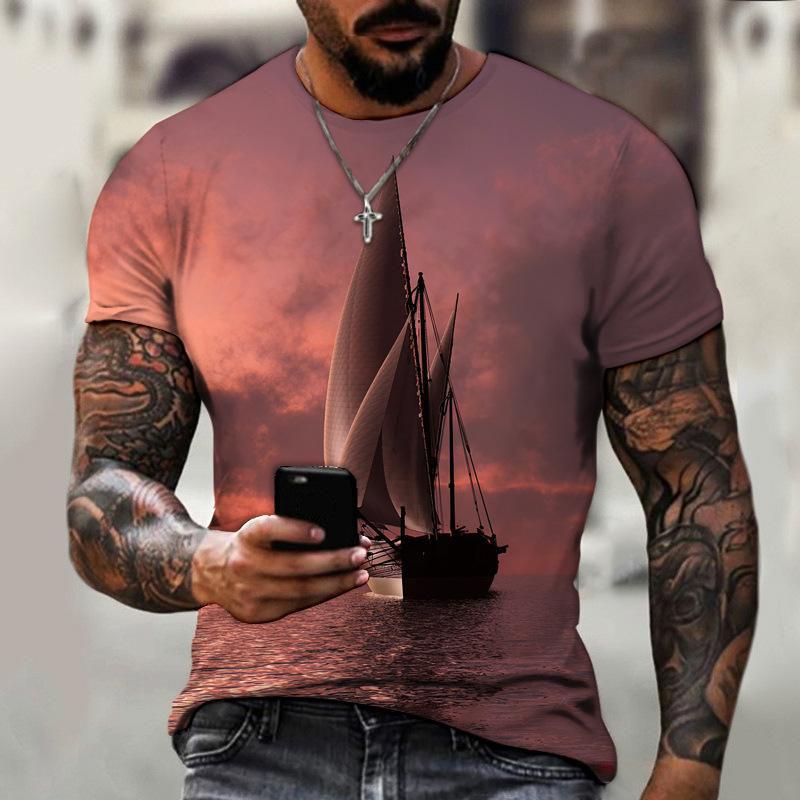 Kukebang Vintage mannen schip T-shirts 3D gedrukt piratenschip ronde hals korte mouw T-shirt voor mannen oversized tops tee shirt S