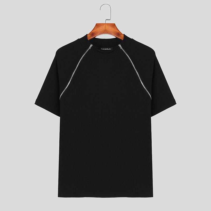 INCERUN Zomer Heren Slim Tops met ritssluiting en korte mouwen 5XL zwart
