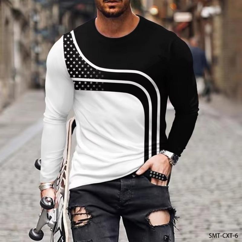 HerSight Heren T-shirt met lange mouwen, retro 3D-print, kleurblokprint, vintage nieuwigheid, stijlvolle T-shirts voor de herfst, herenkleding 3XL