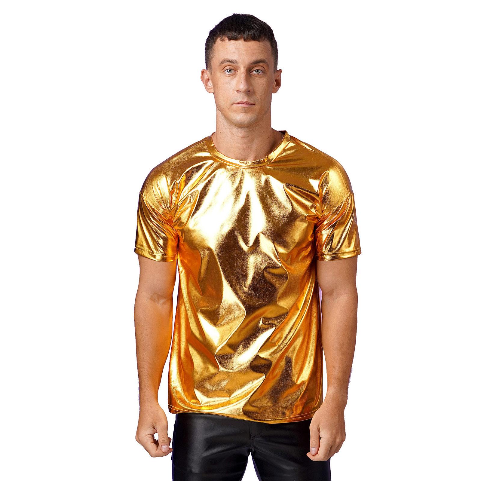 Yunduantong-Adult Mens Metallic Shiny Performance Top with Round Neck and Short Sleeves for Club Shows or Dance Parties M goud