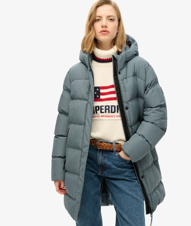 Superdry Sports Halflange Pufferjas met Capuchon Blauw