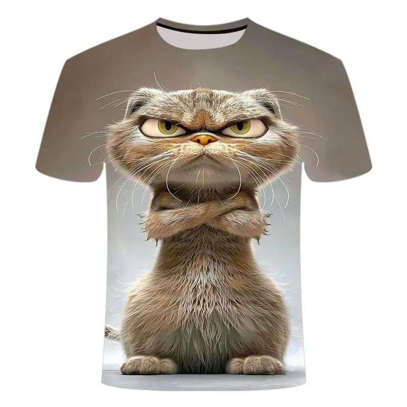 ETST 005 Grappig kattenpatroon T-shirt voor mannen Persoonlijkheidsdier 3D-geprinte T-shirts Zomer Losse tops met korte mouwen Casual ronde hals T-shirts 5XL
