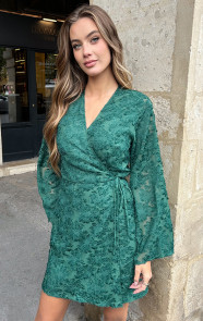 Jurkjes Franje Wikkel Jurk Flared Mouw Emerald