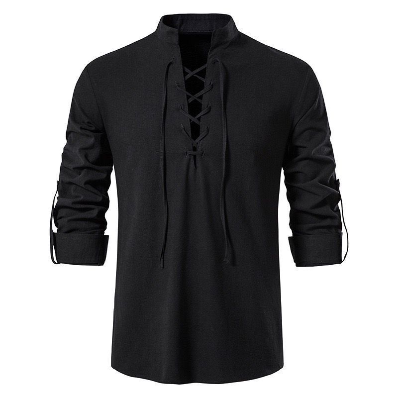NOWVOGUE 2023 Mannen V-hals Shirt T-shirt Fashion Vintage Dunne Lange Mouw Top Mannen Casual Ademend Front Lace Up Man Shirts L zwart