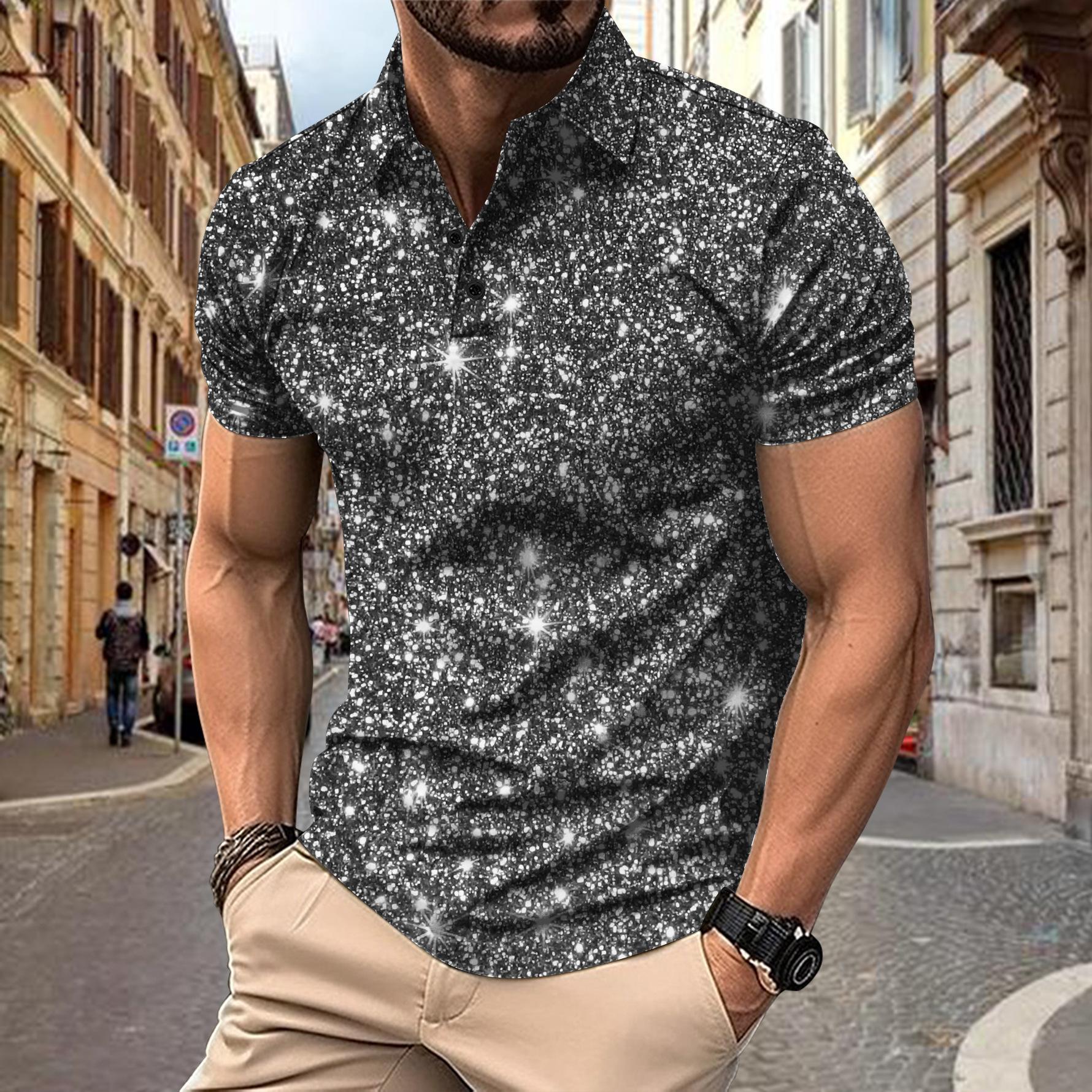 Cloth W Heren Polo T-shirts Mode Casual Korte Mouw 3D Sparkle Pailletten Print Heren Sport Shirt M grijze kleur