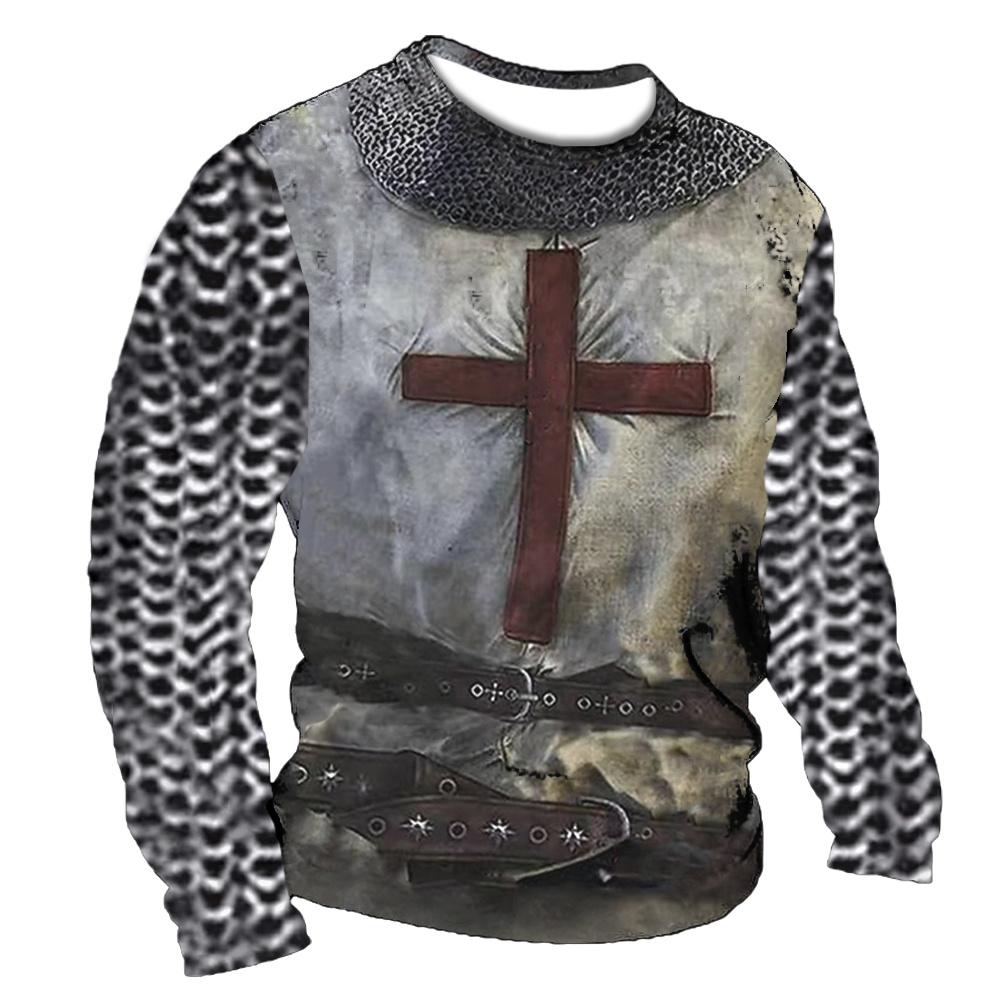 Bobby3 Vintage T-shirts Heren Katoenen T-shirt met lange mouwen Crusader Knight Grafische tops 5xl 3d print T-shirt Casual O-hals Oversized kleding 3XL