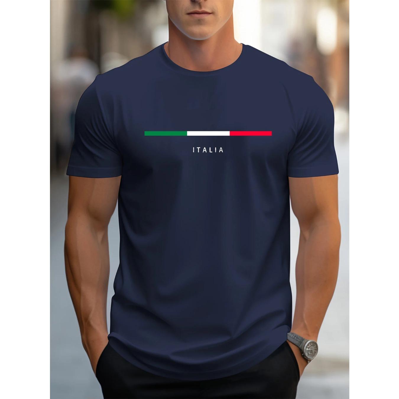 WowClassic Summer Round Neck ITALIA Pattern Printed Top Fashionable Casual Pure Cotton Short Sleeved Men's T-shirts M