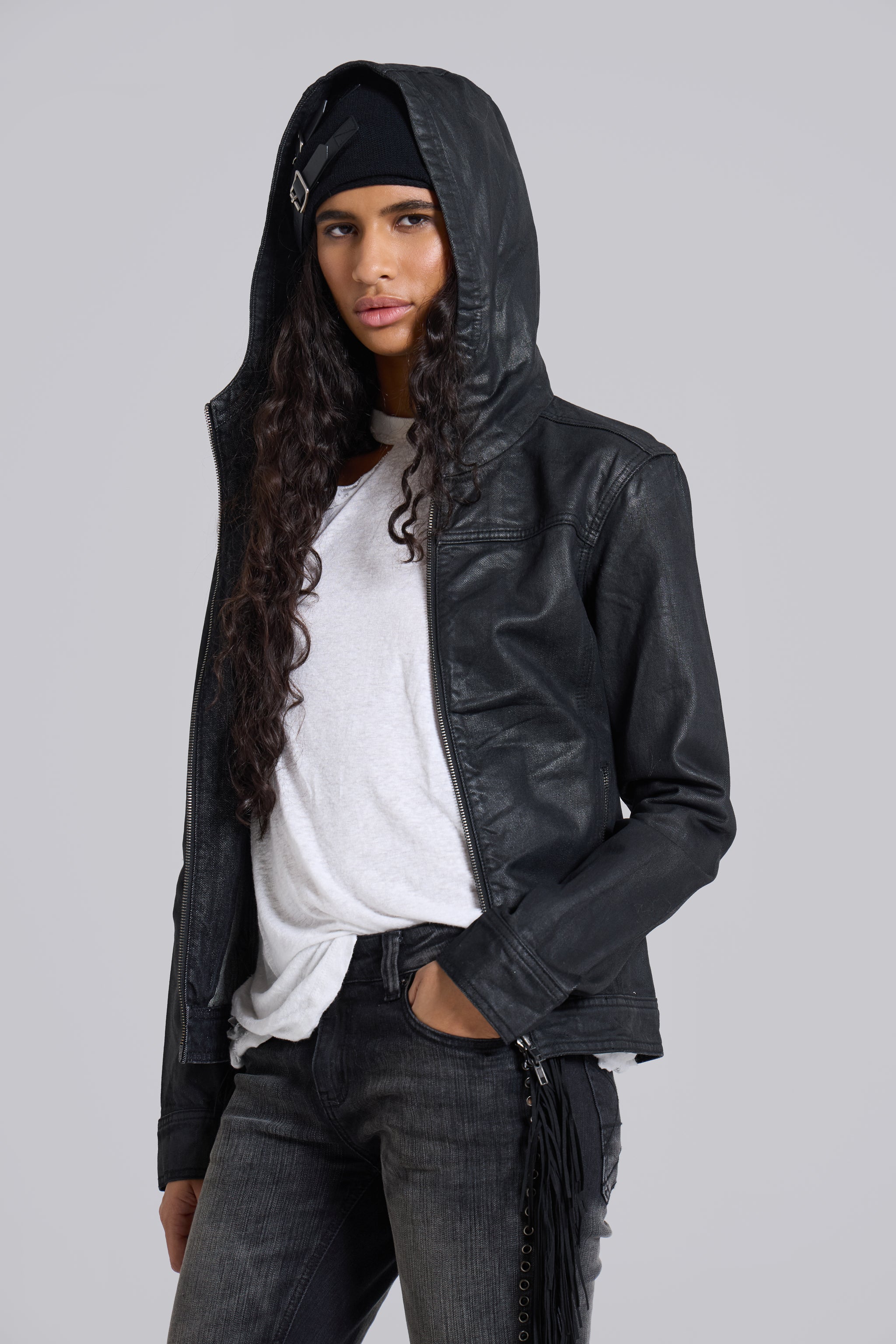 Jaded London Bedrock Waxed Hooded Denim Jacket