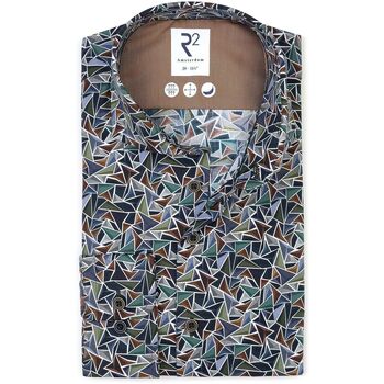 R2 Amsterdam Overhemd Lange Mouw  R2 Overhemd Poplin Triangle Print Groen