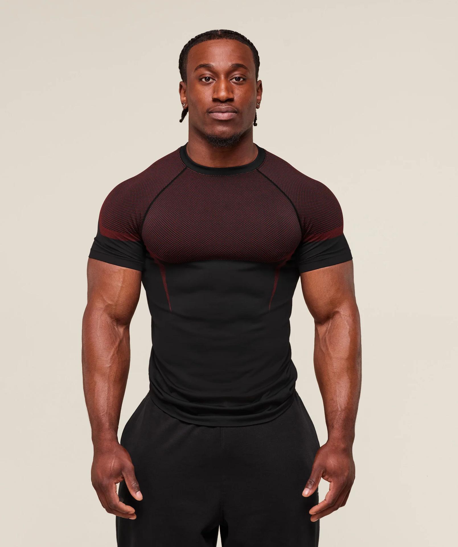 QINQING Men's Slim Fit Workout T-Shirt, Short Sleeve Gym Shirt, Moisture Wicking Activewear, Multiple Colors (Black, Burgundy, Dark Gray) L