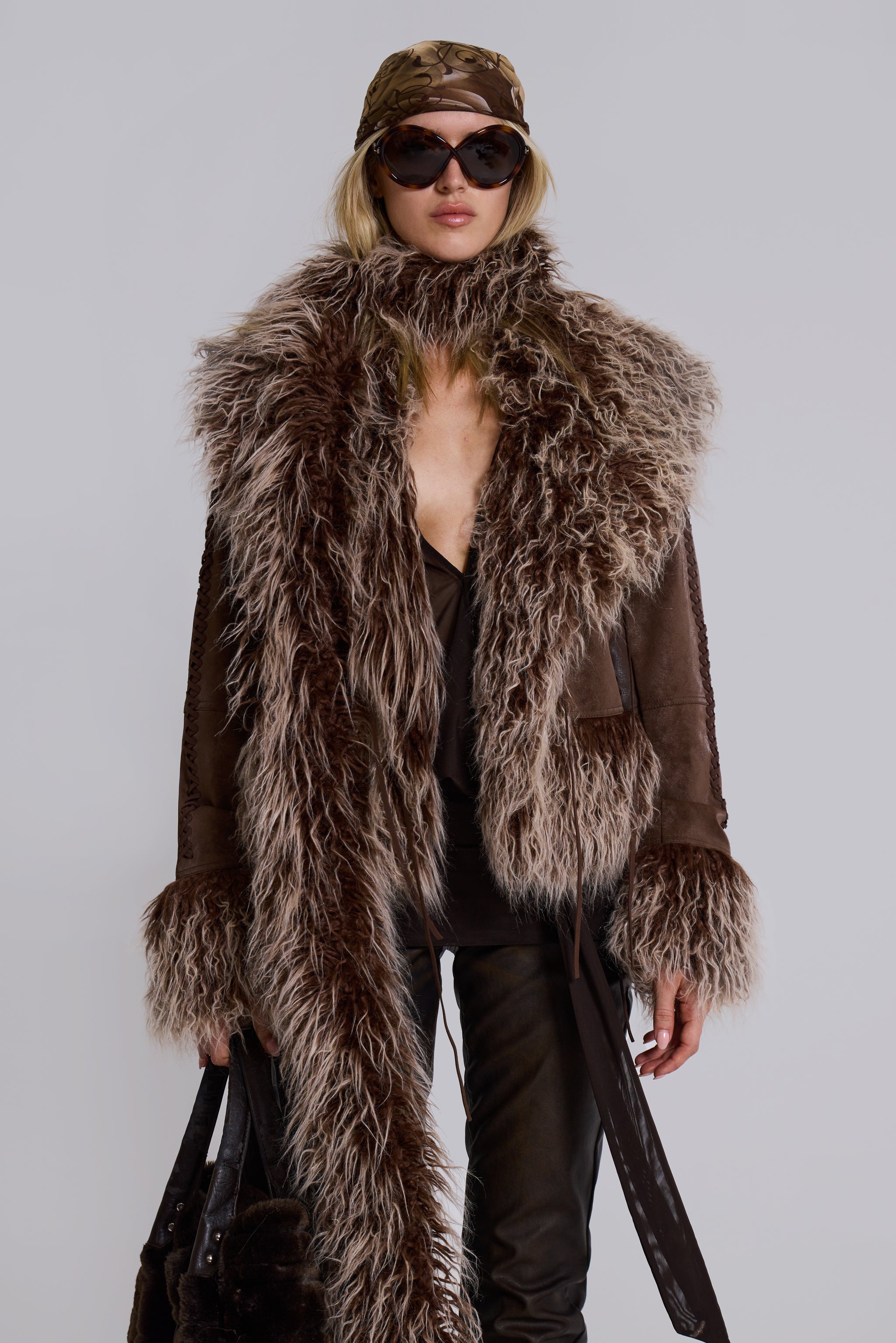 Jaded London Leonie Faux Mongolian Fur Trim Coat in Brown