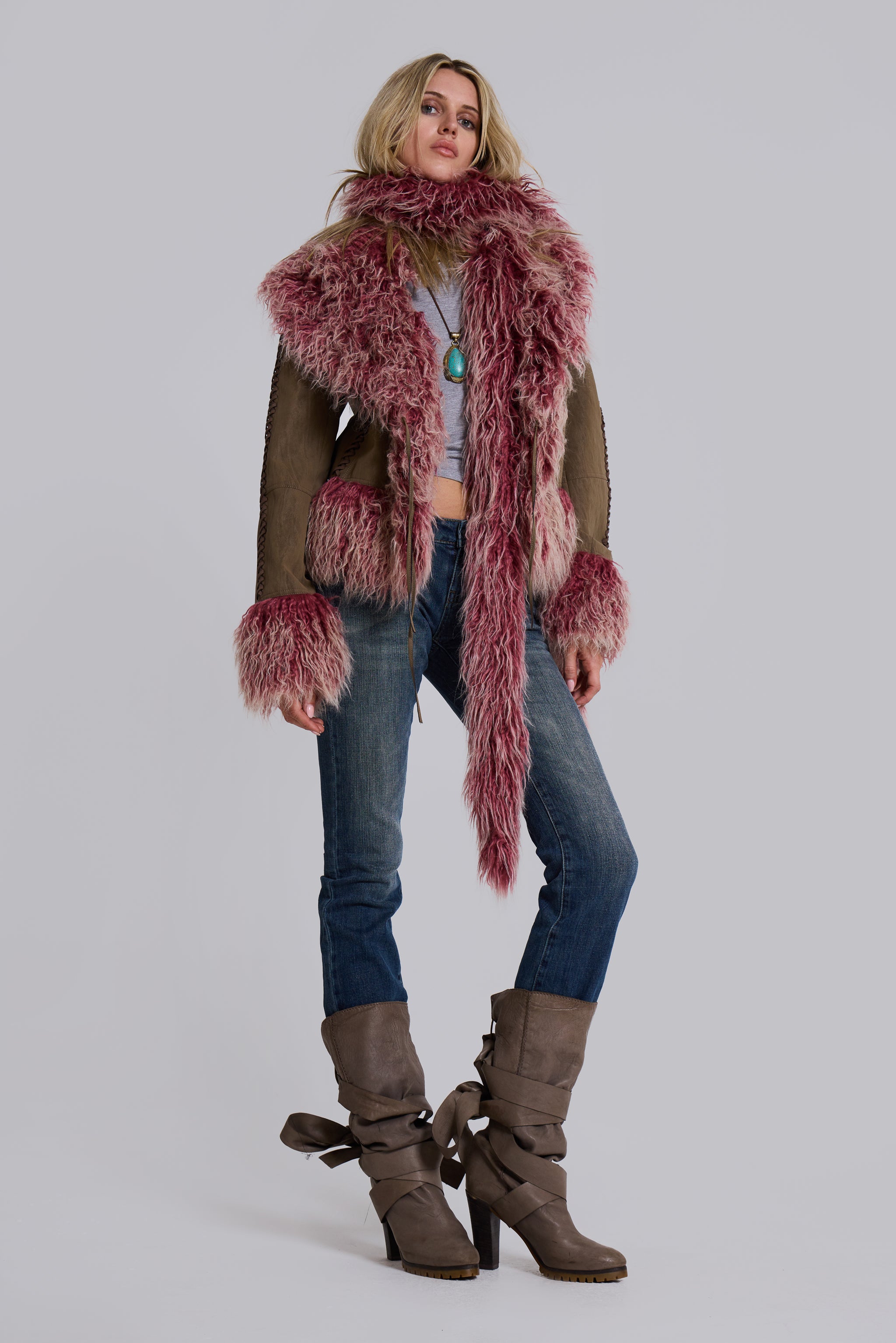 Jaded London Leonie Faux Mongolian Fur Trim Coat in Quartz
