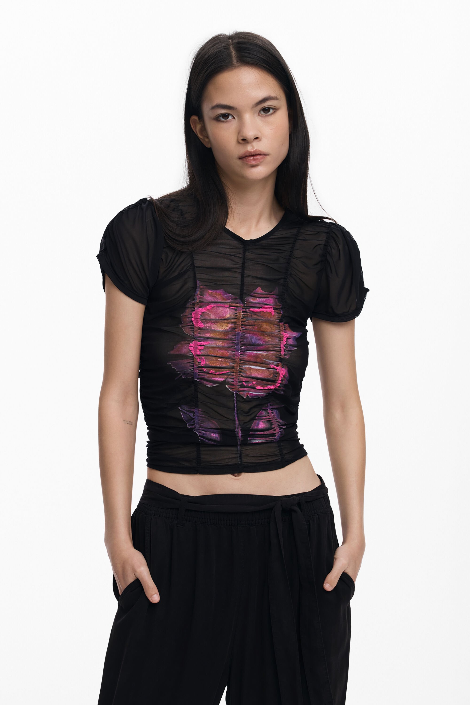 Desigual Bloemen tule T-shirt - BLACK