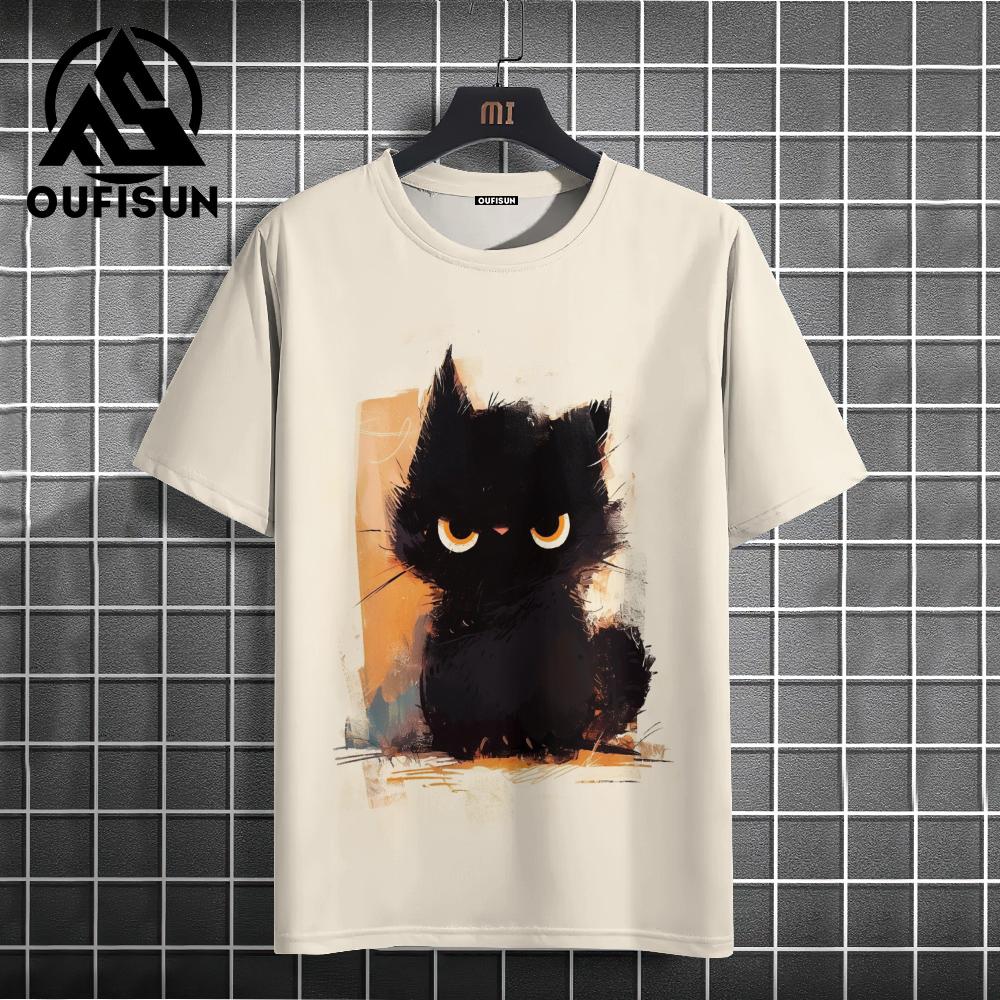 Xuhaijian02 Zomer Heren T-shirt Dier Schattige Kat Print Ronde Hals Korte Mouw Tee Street Trend Tops Oversized Herenkleding T-shirt Voor Heren S
