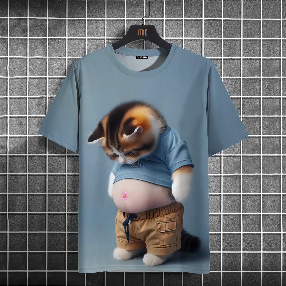 Etst 003 Heren T-shirt Animal Fat Cat Print T-shirt 2XL