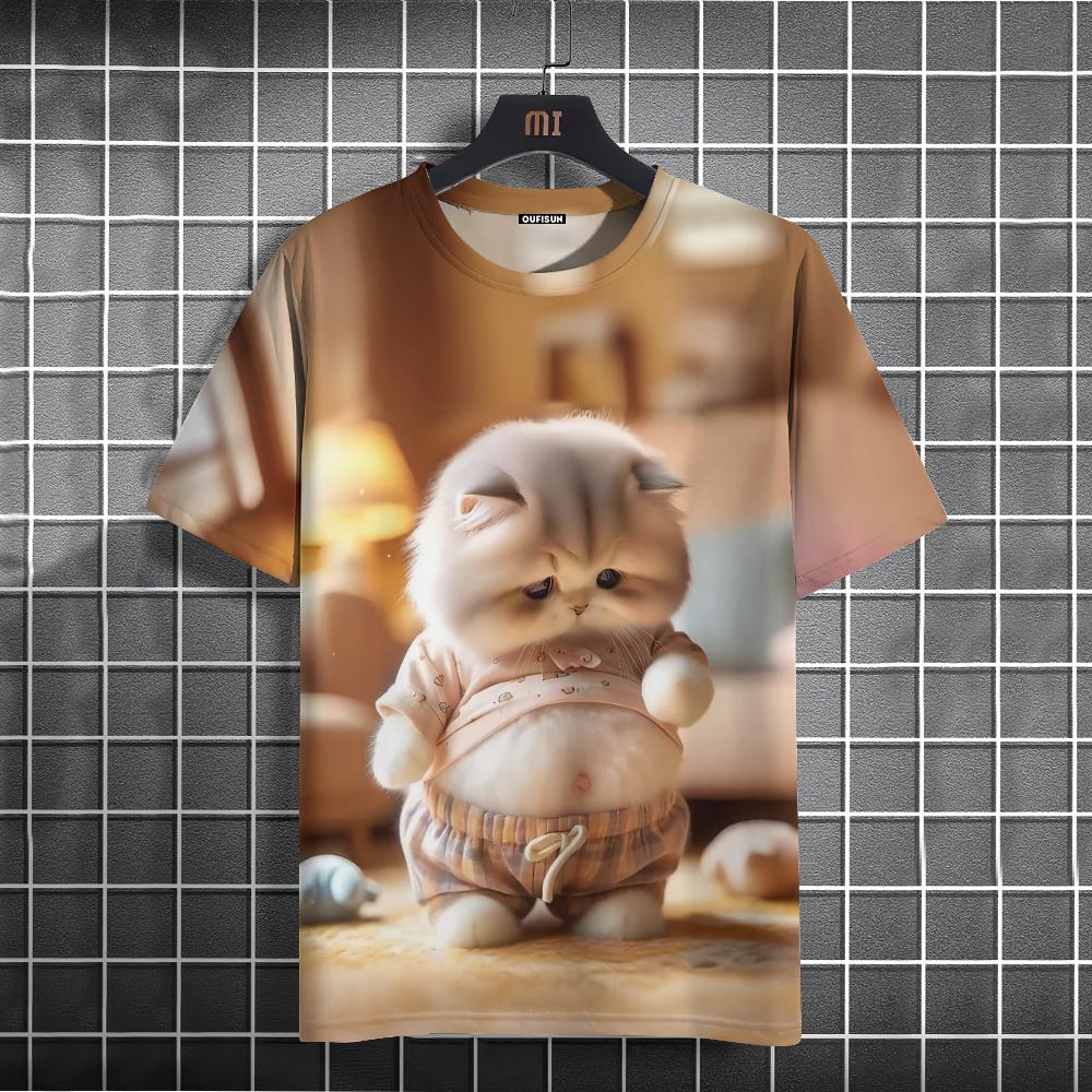 Etst 003 Heren T-shirt Animal Fat Cat Print T-shirt 3XL