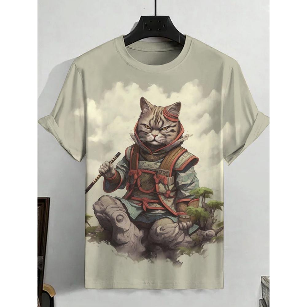 ETST0012 Japanse Samurai Kat Heren T-shirt Zomer Mode Korte Mouw Casual Top Losse Ademende Micro Elastische O Hals T-shirt Heren 5XL