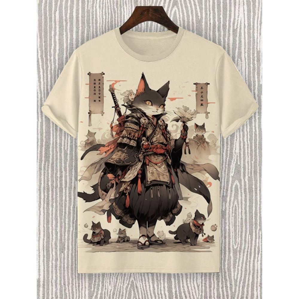 ETST0012 Japanse Samurai Kat Heren T-shirt Zomer Mode Korte Mouw Casual Top Losse Ademende Micro Elastische O Hals T-shirt Heren 2XL