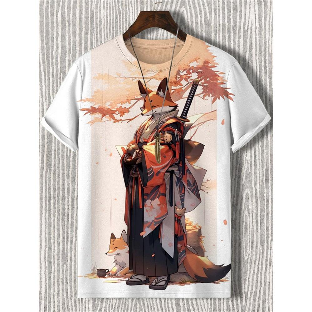 ETST0012 Japanse Samurai Kat Heren T-shirt Zomer Mode Korte Mouw Casual Top Losse Ademende Micro Elastische O Hals T-shirt Heren L